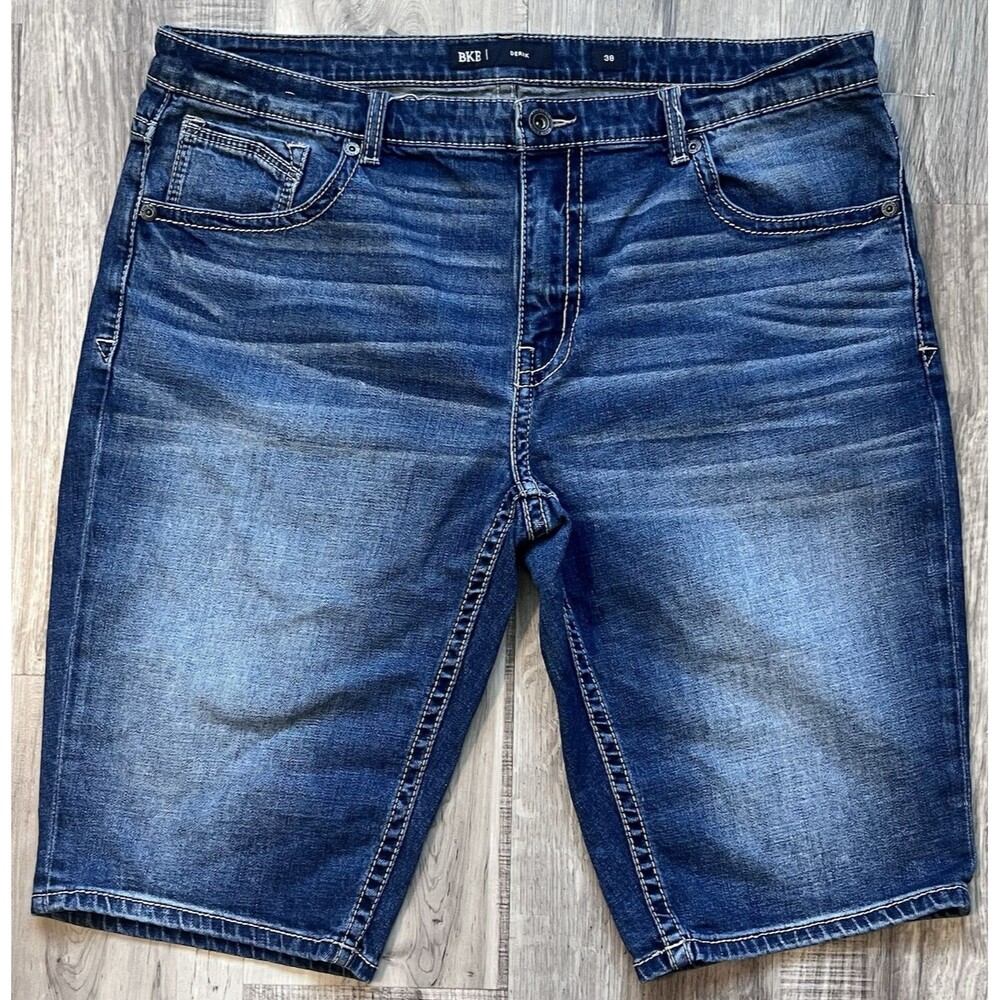 BKE Buckle Shorts Mens 38 Blue Derek Denim Whiskers Faded Western Thick Stitch